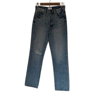 Pistola High Rise Straight Leg Jeans 26 Blue Distressed Stitched Hem EUC